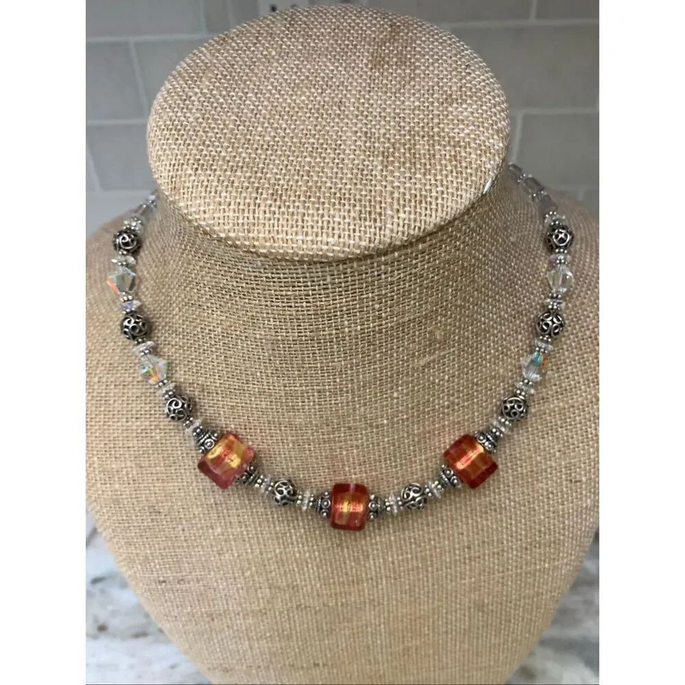 Pink Murano Bali Sterling Silver Handmade Necklace #Italy #iridescent